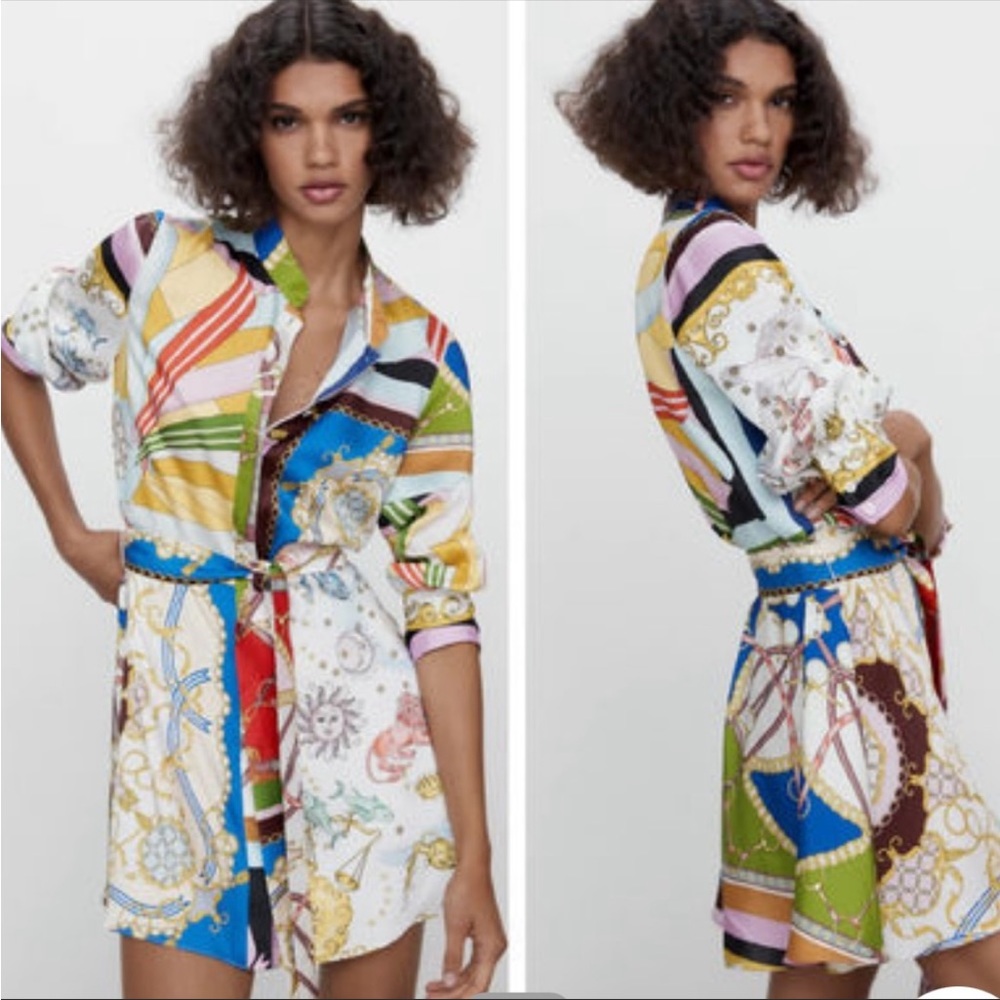Zara multicolor printed dress zodiac astrology shirt blogger favorite new small